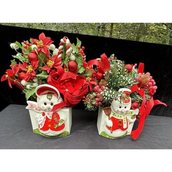 2 Rare Vintage Japan Ceramic Christmas Mr & Mrs Snowman Planters Nice!